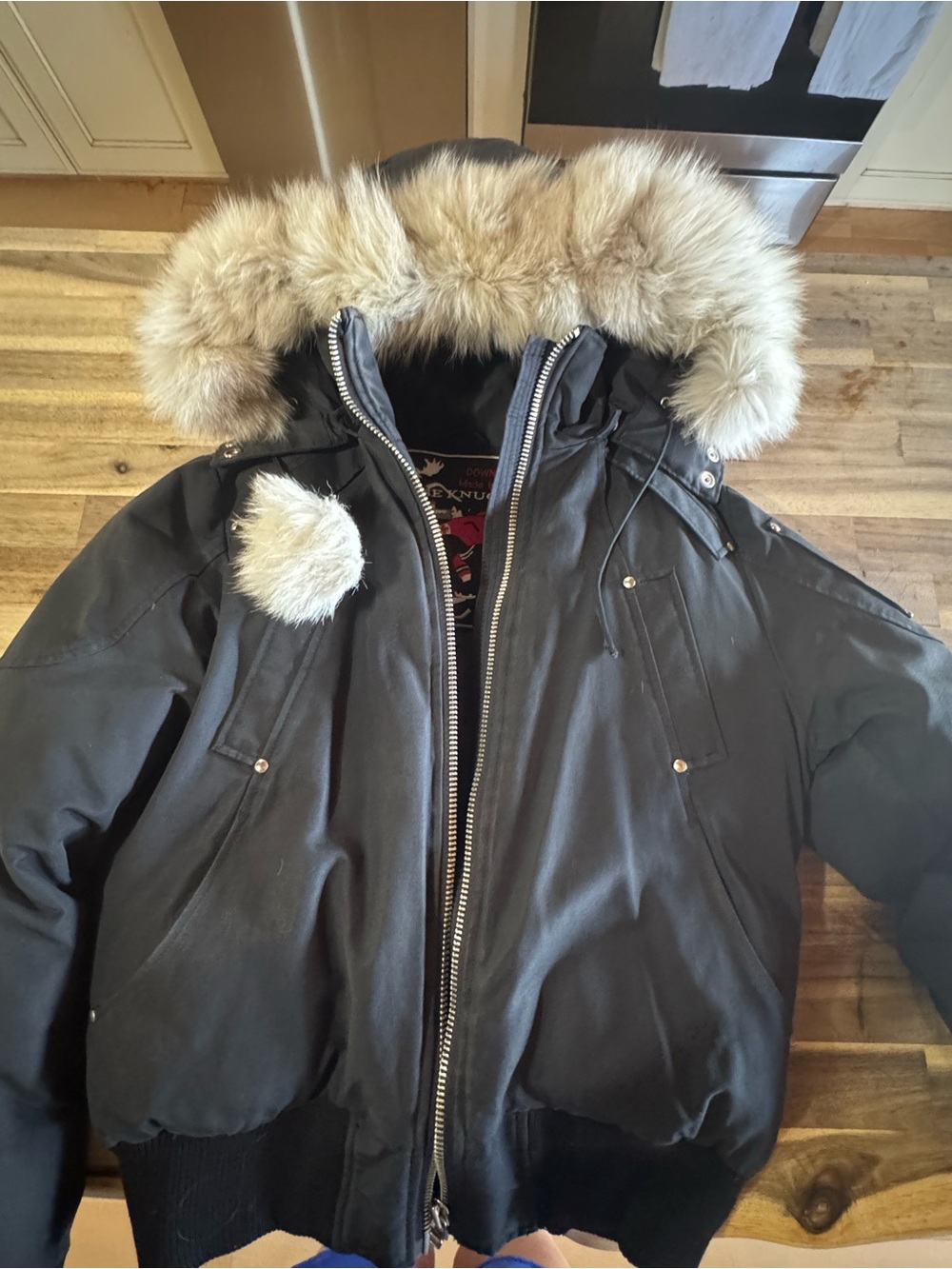 Moose Knuckles Black Men's Down-Filled Puffer Jacket with Fur-Trim Hood